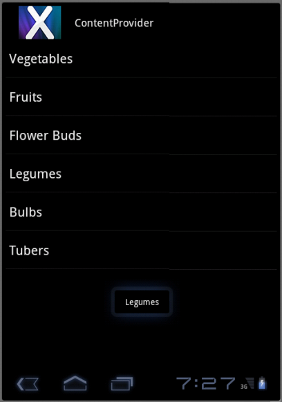 Screenshots of list using a content provider