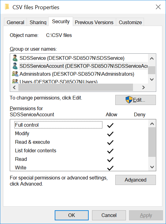 Screenshot that shows folder security properties.