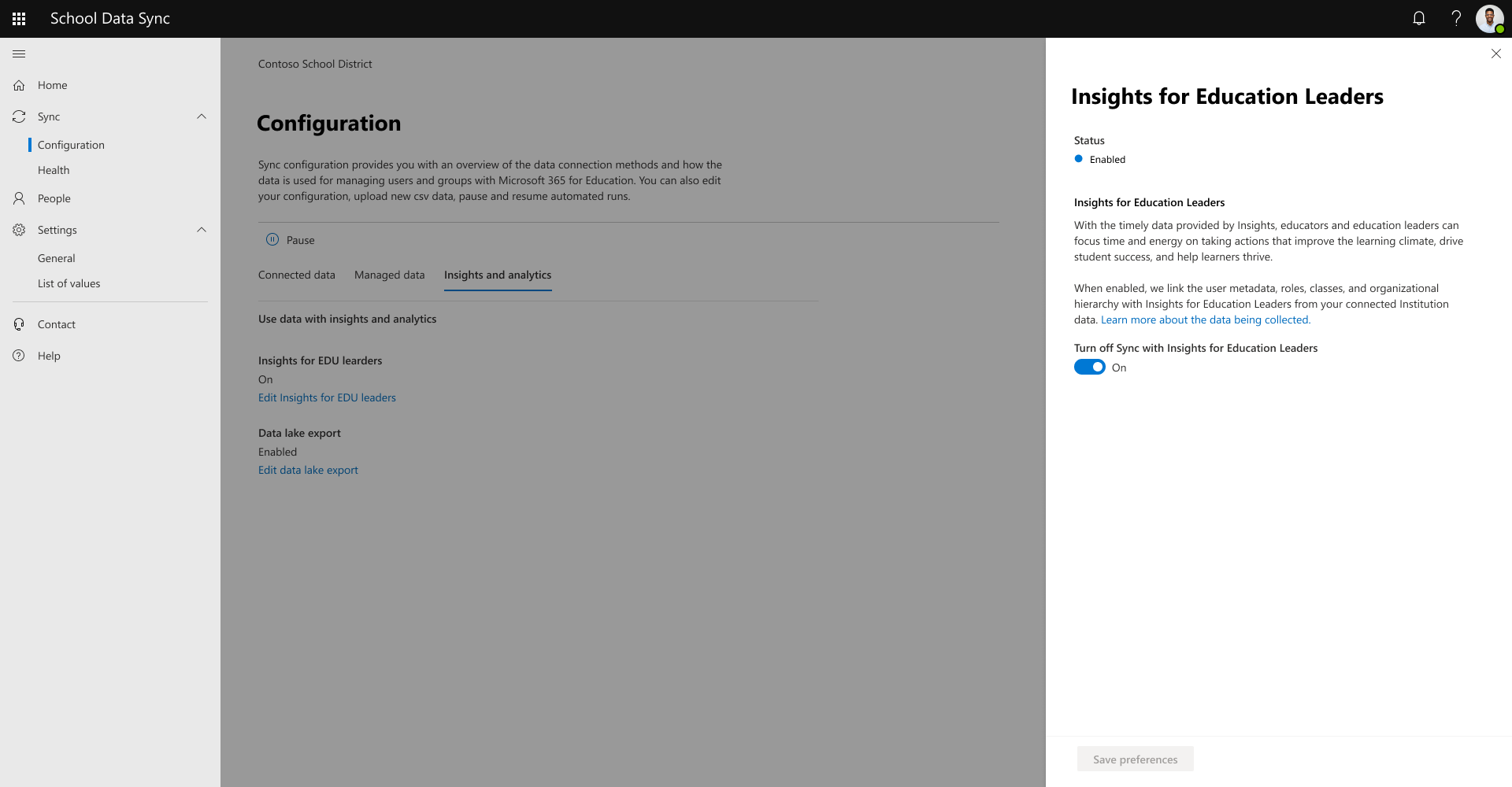 Screenshot that shows fly-out panel to disable Insights for Education Leaders.