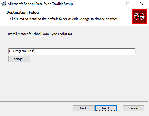 Choose the installation path for the Microsoft School Data Sync Toolkit.