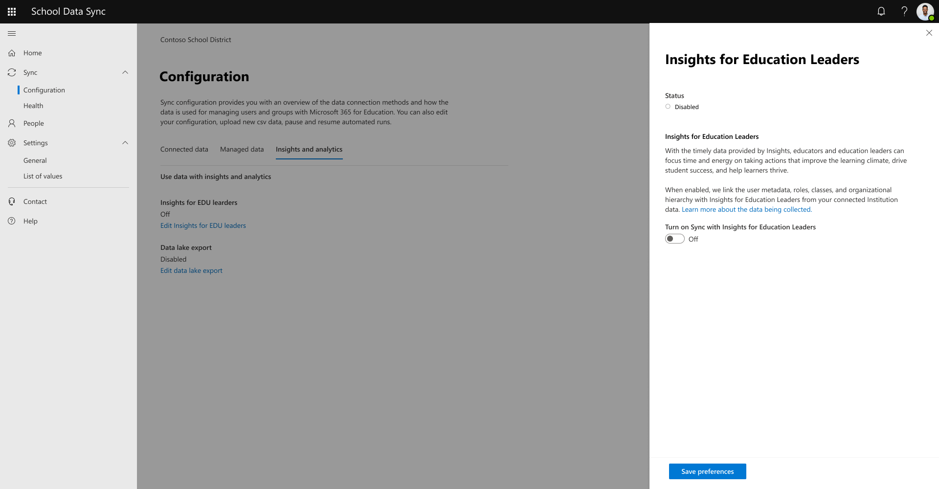 Screenshots shows fly-out panel for Sync to Insights for Education Leaders.