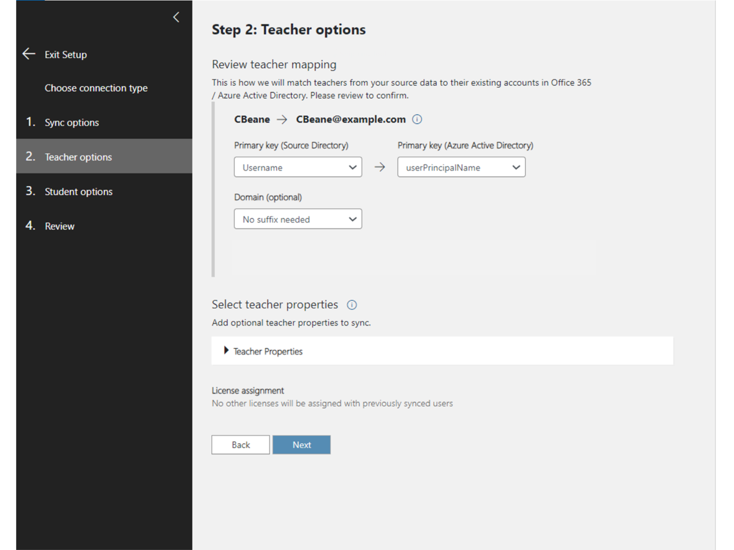 Screenshot showing teacher options.