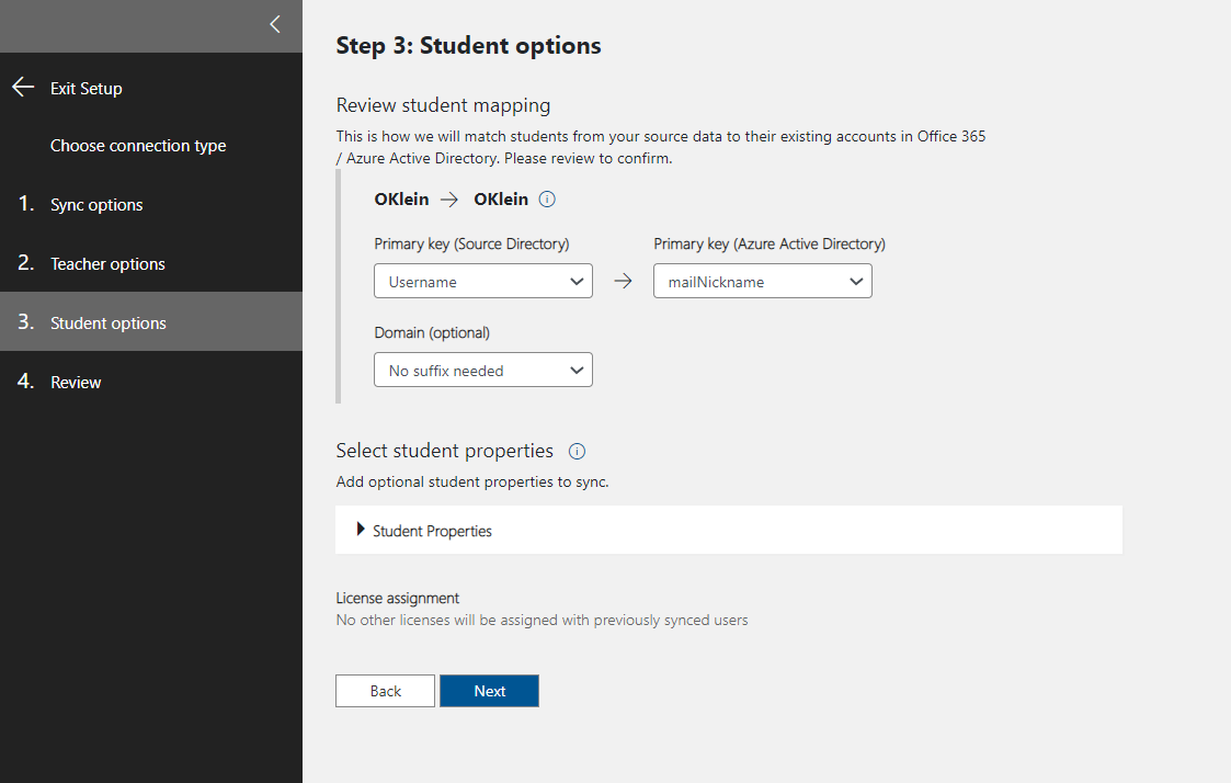 Screenshot showing student options.