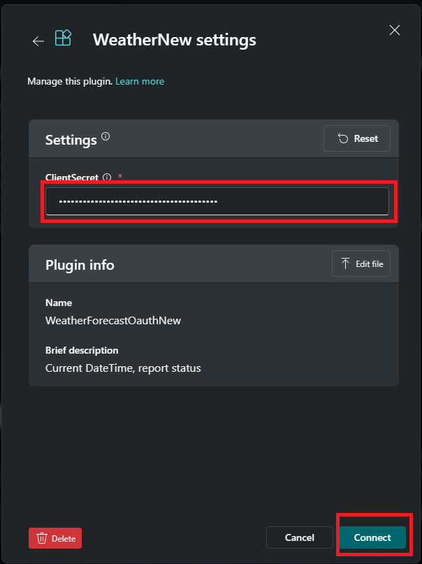 Screenshot that shows Step to enter the client secret