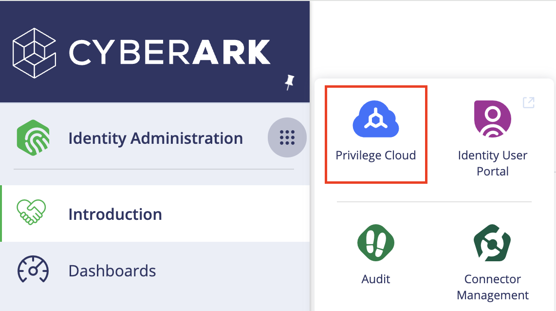 Sceenshot showing CyberArk menu with Privilege Cloud selected.
