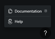 Screenshot showing the help icon menu options including documentation and support.
