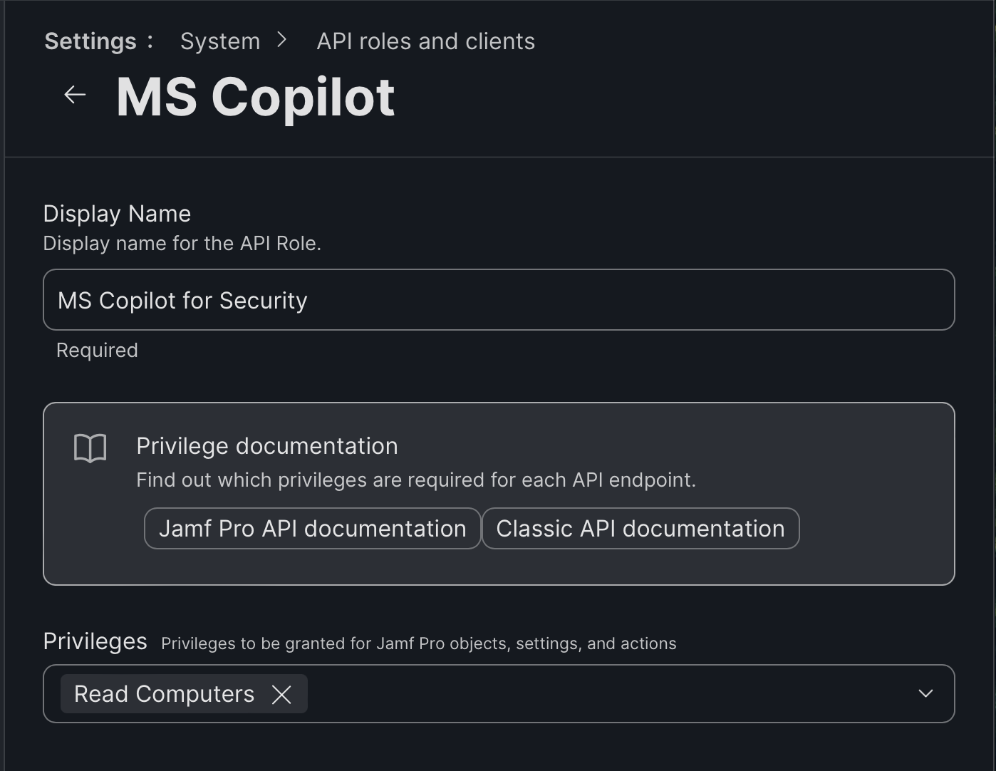 Screenshot showing how to assign an API role to a client with Read Computers permissions.