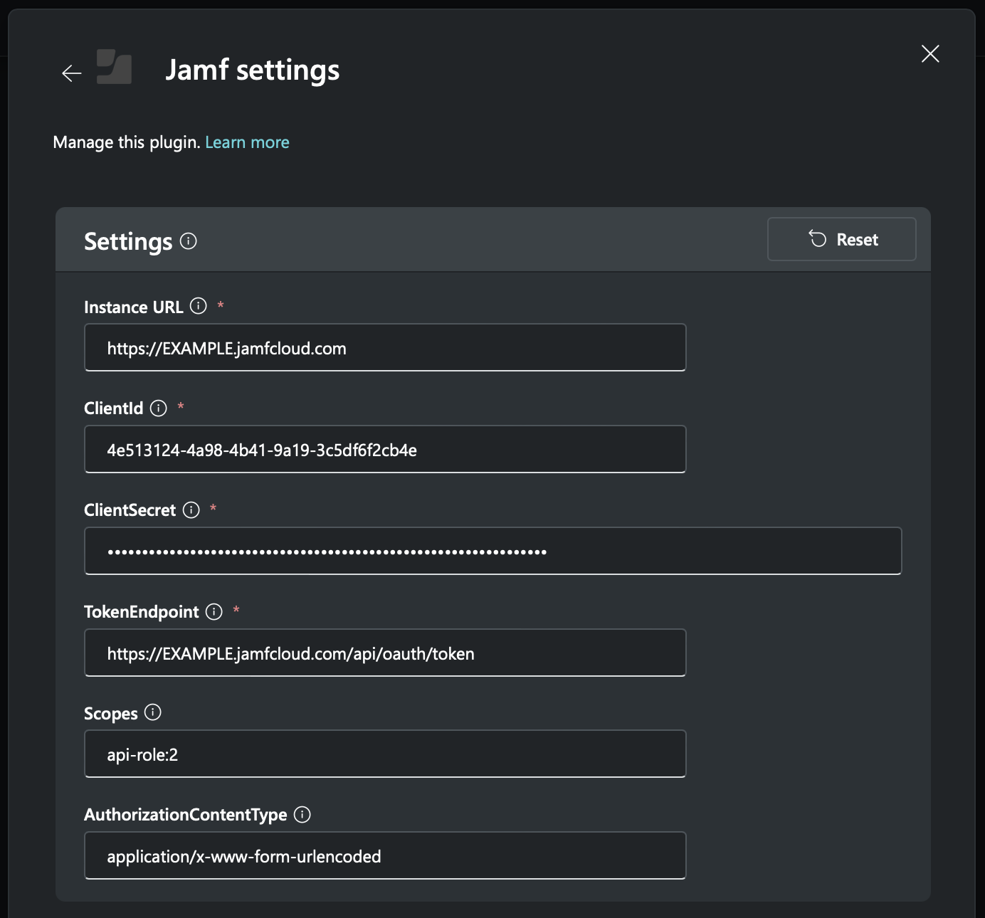 Sceenshot sowing Jamf settings to fill in for the Copilot for Security plugin.