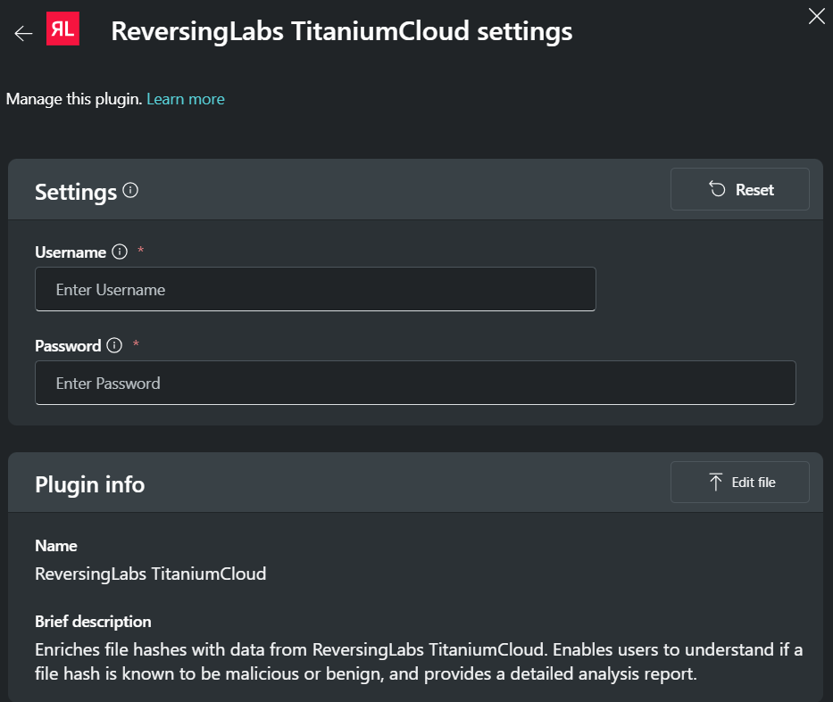 Screenshot showing settings for the ReversingLabs plugin.