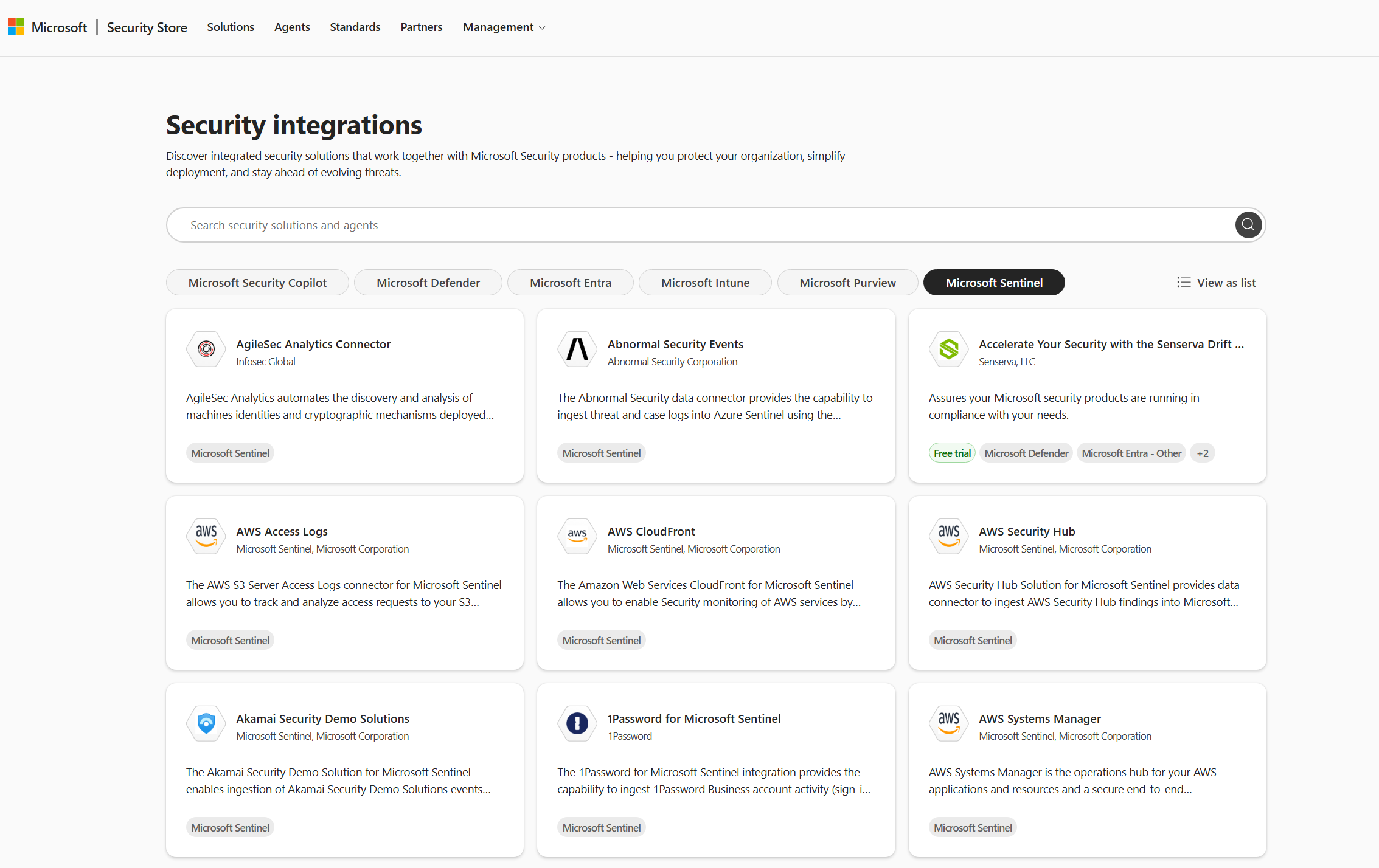 Security Store portal showing Microsoft Sentinel integration cards with product filters and the Get solution button.