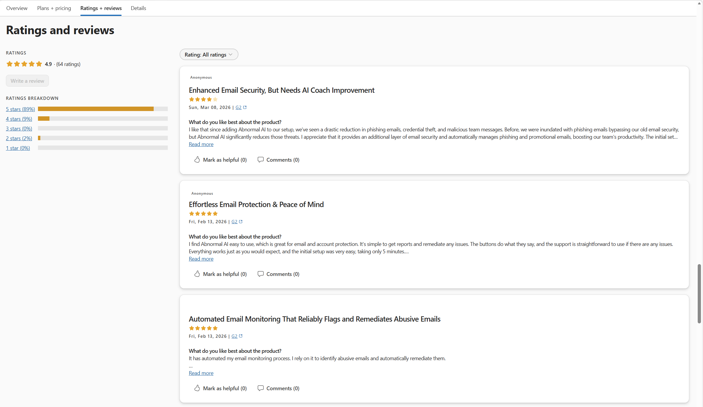 Screen showing ratings and reviews in solution details page.