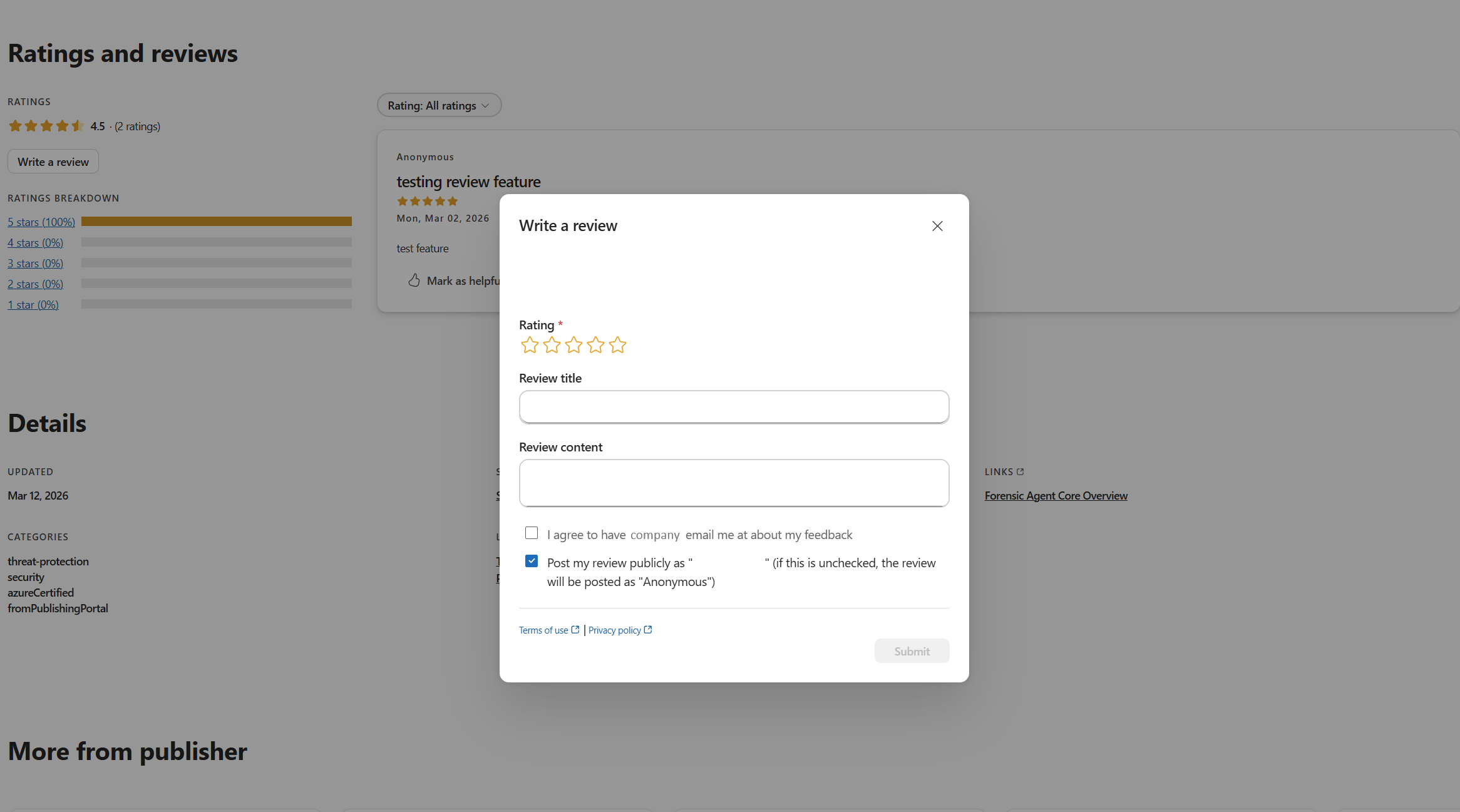 Screen showing the submit review process.