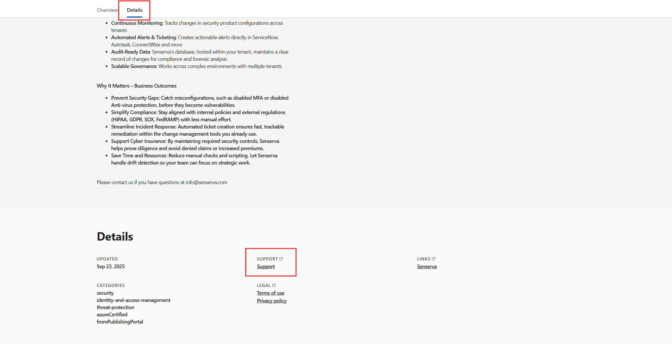 The details section under support.