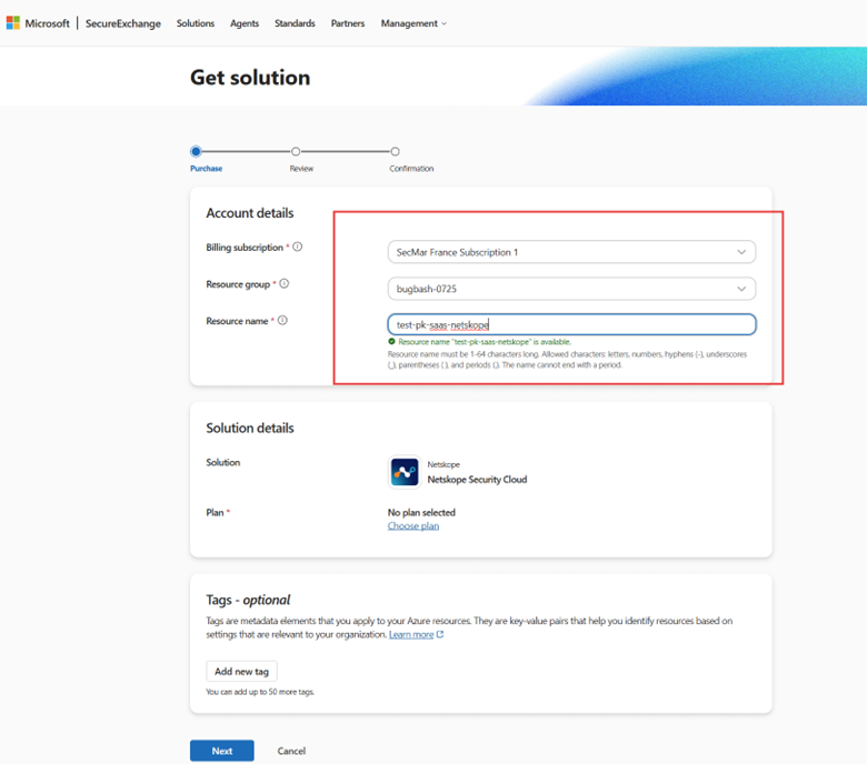 Enter your billing information, select the proper resource group to bill, and enter a name for the SaaS subscription. Then select Next!