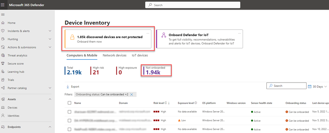 Screenshot of an example of the Inventory tab in the Microsoft Defender portal.