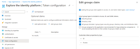 Screenshot of Edit group claims screen shows selected group types: Groups assigned to the application.