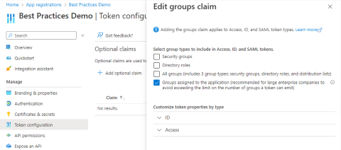 Screenshot of Edit group claims screen shows selected group types: Security groups, Directory roles, and All groups.