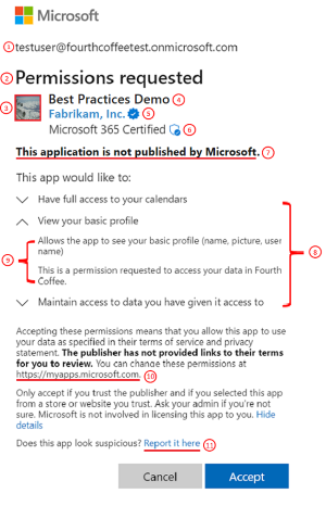 Screenshot of Permissions requested dialog shows component building blocks as described in linked Microsoft Entra application consent experience article.