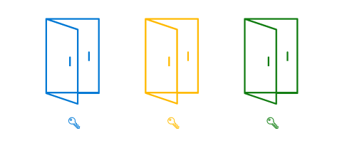 Diagram described in article content - three doors below each of which is a key of the same color as its corresponding door.