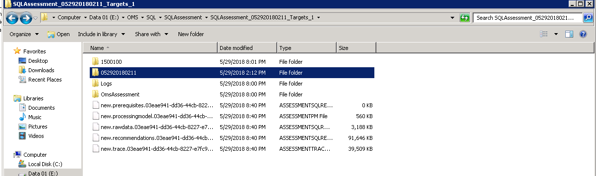 Assessments folder displaying file size