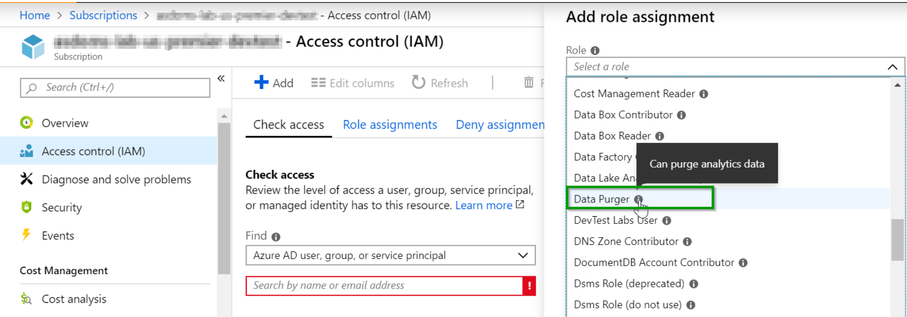 Screenshot of the Access control I A M page. Data Purger is selected. 