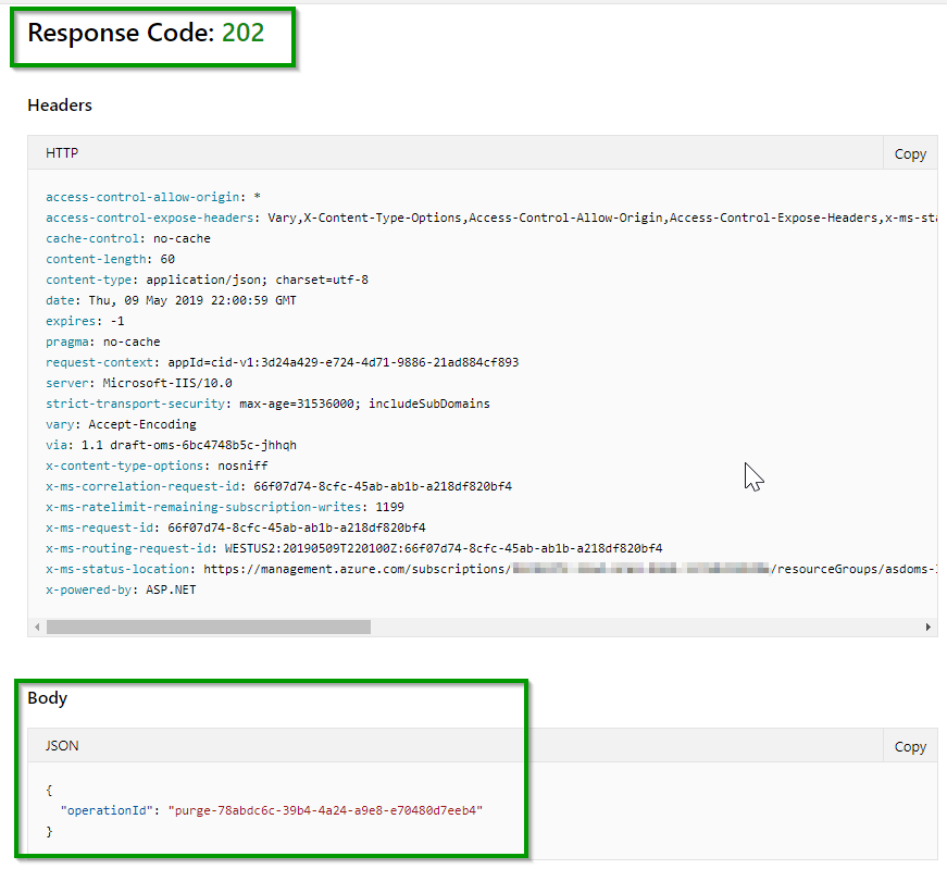 Screenshot of the Response code highlighted in green. The Body box is also highlighted in green.