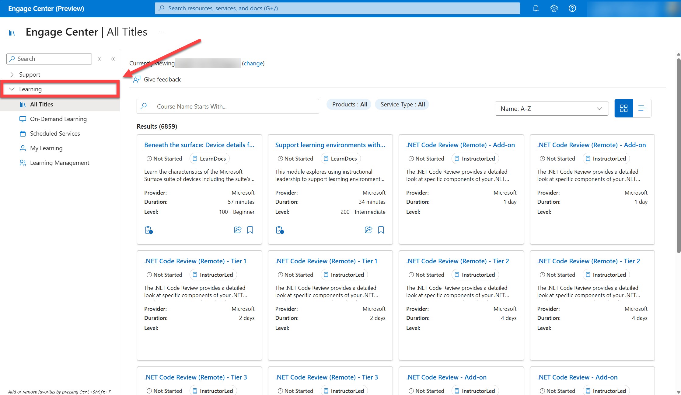 The Learning section of Micosoft Engage Center.