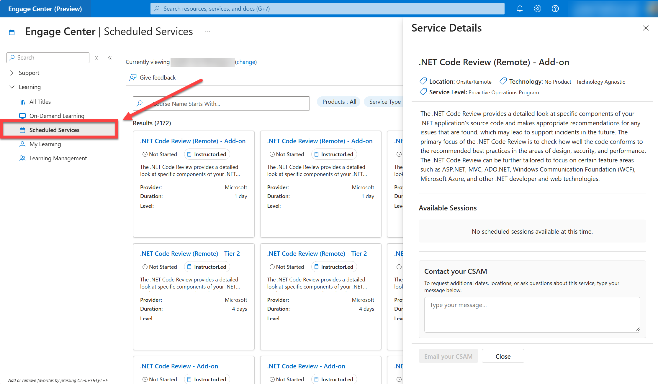 The Scheduled Services page in the Learning section.