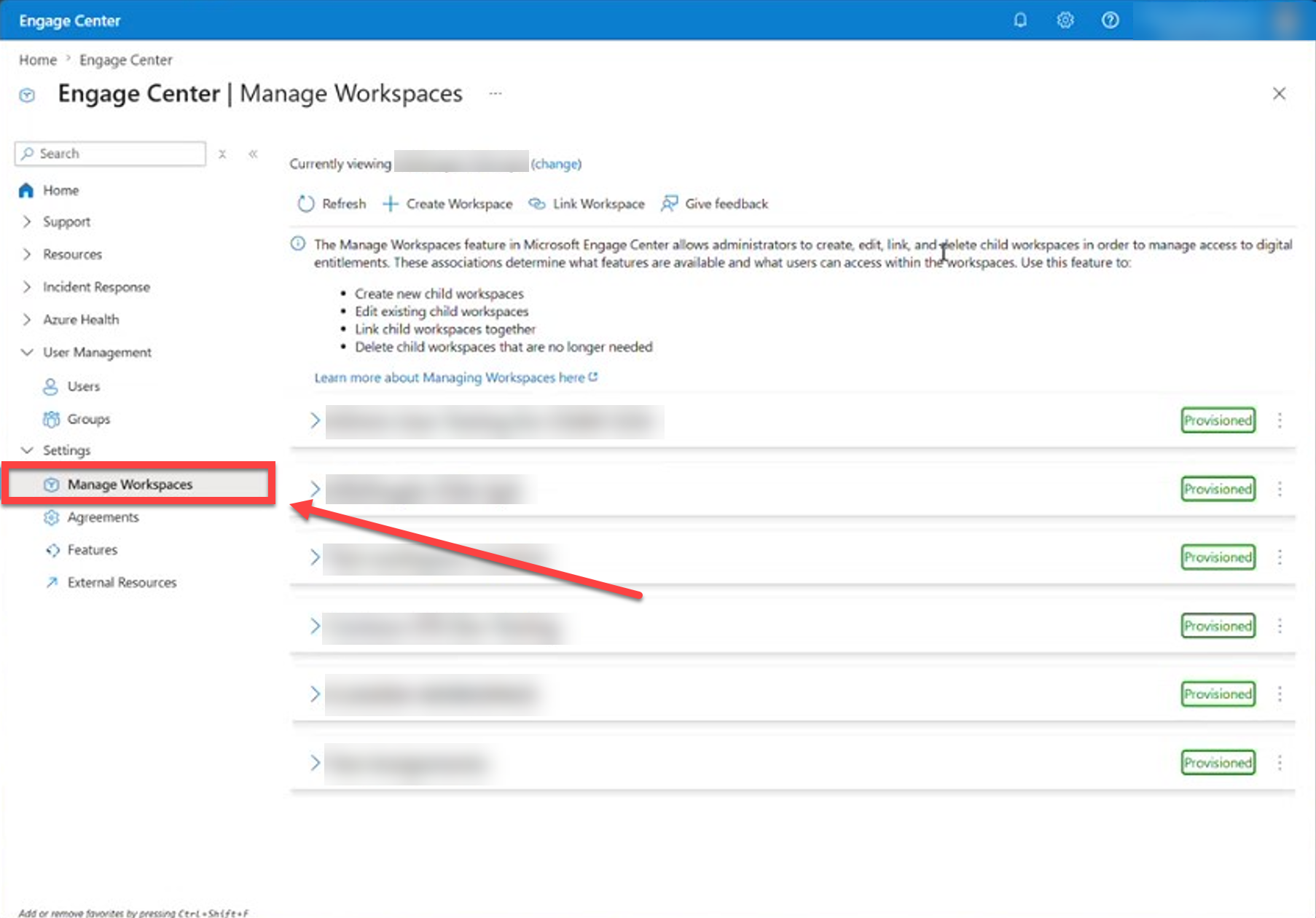 Manage Workspaces tab marked in Microsoft Engage Center.