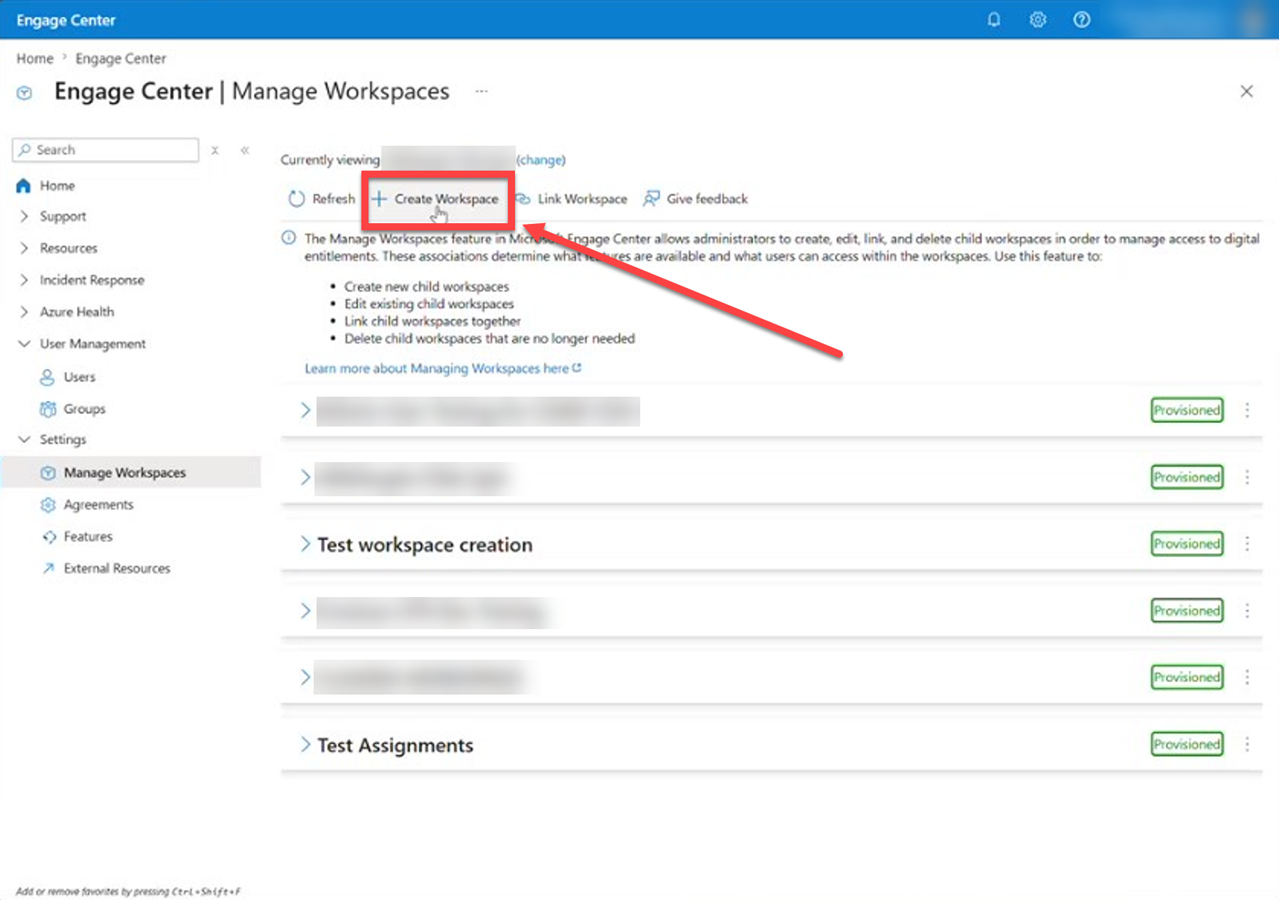 Create Workspace button in Manage Workspaces.