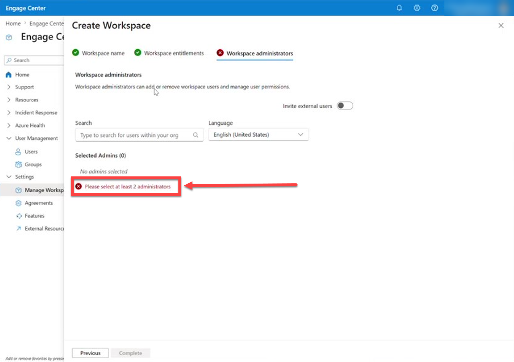 Message saying at least two administrators are required.