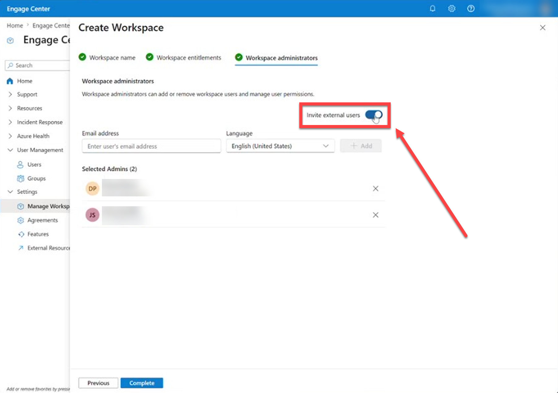 External users toggle button for workspace creation.