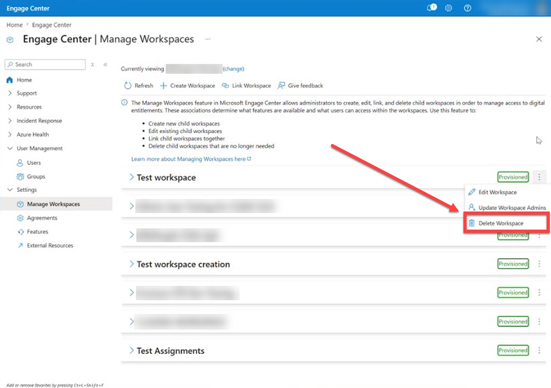 Delete Workspace button selected.