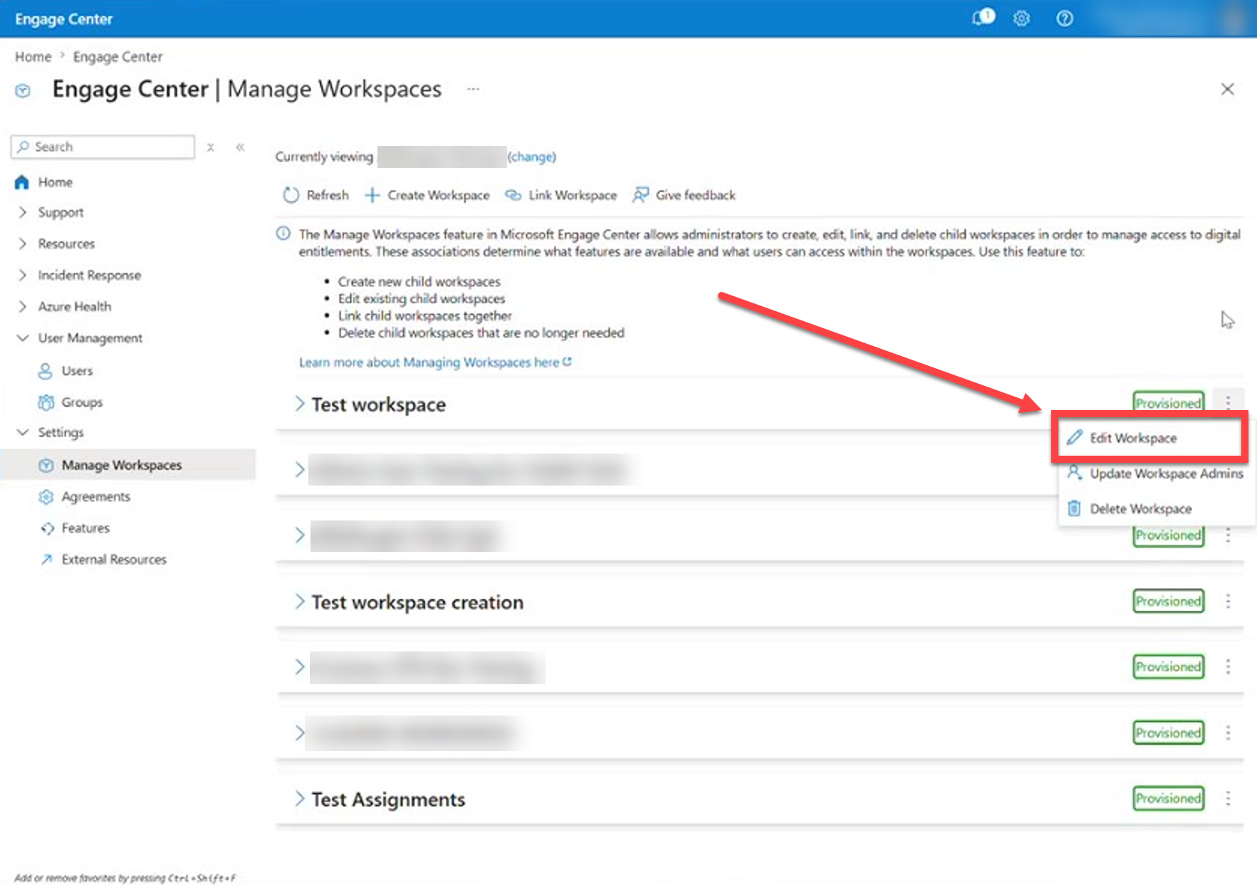 Edit Workspace button marked in menu.