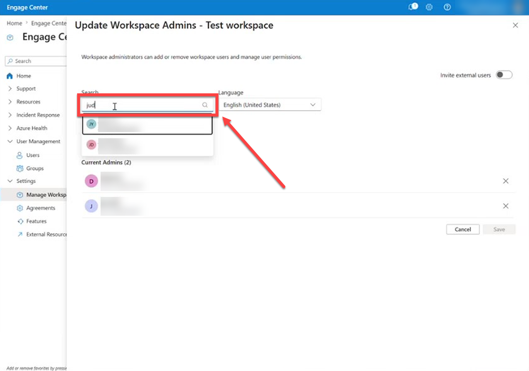 Adding an admin via the search bar.