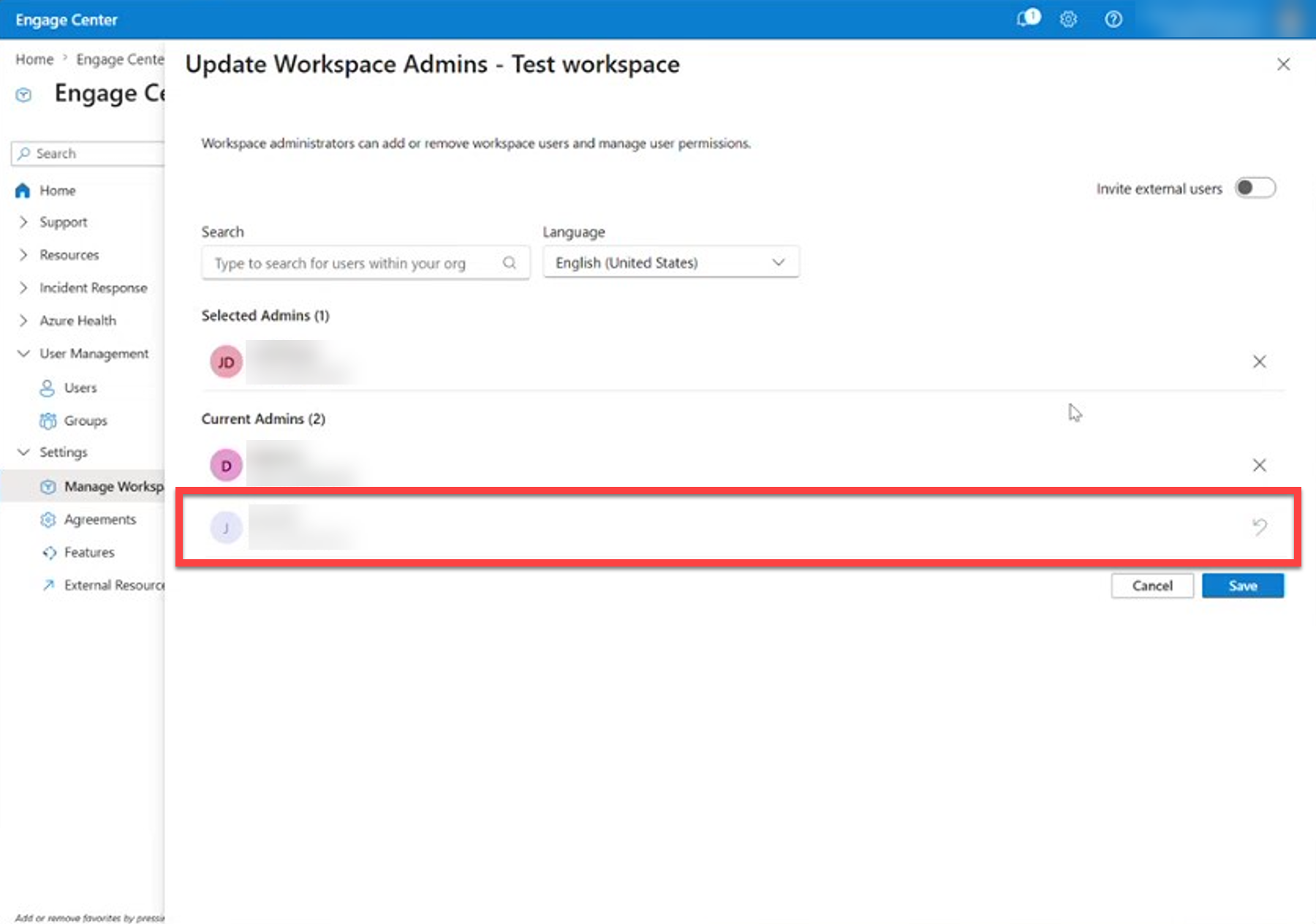 A removed administrator shown grayed out in the list.