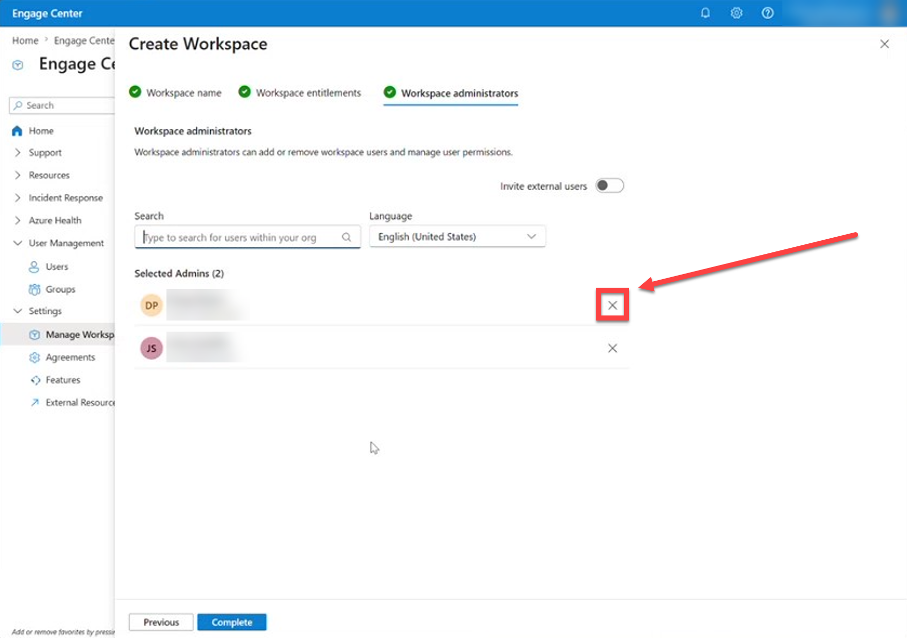 X button on an administrator list item.