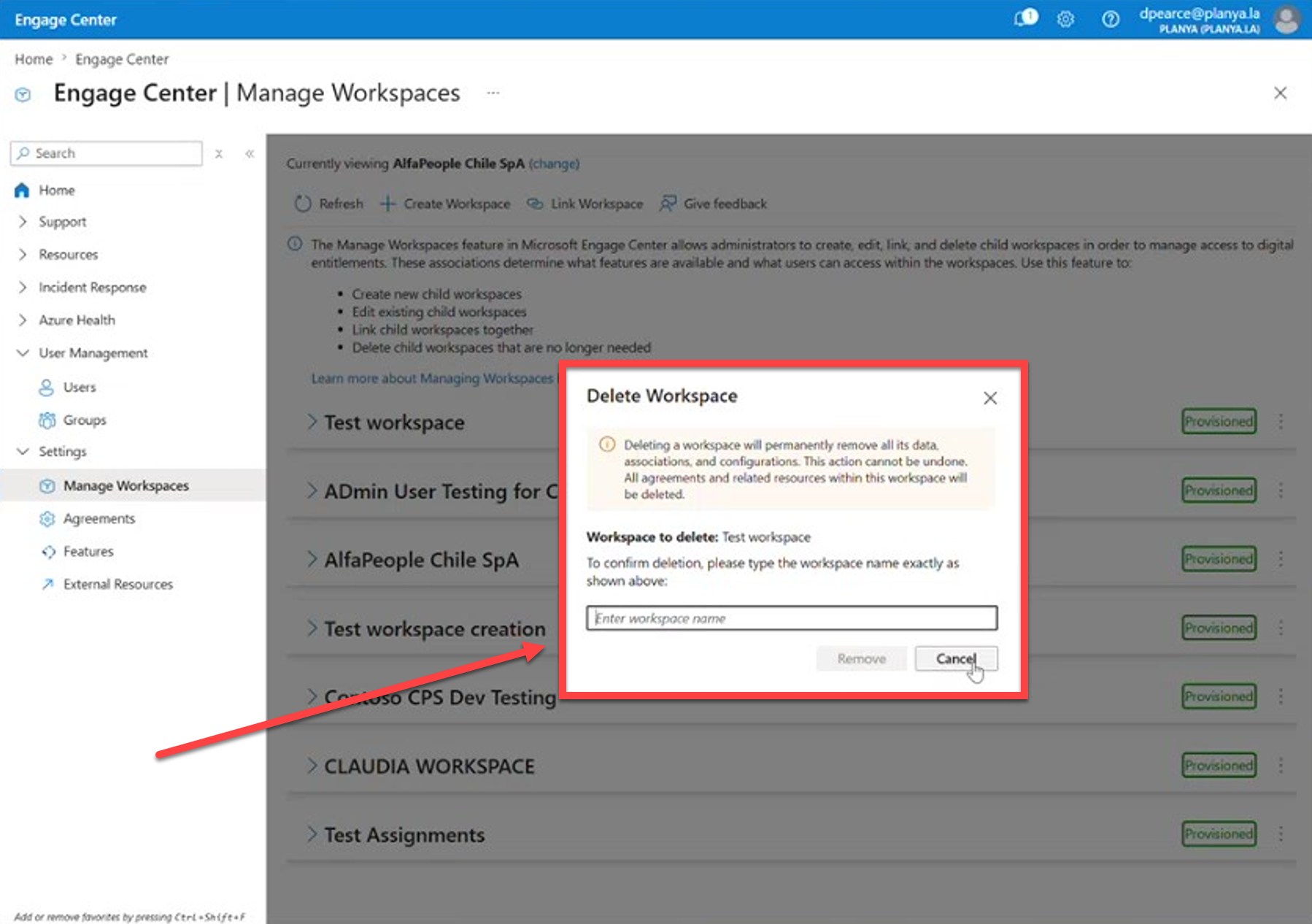 Warning message about workspace deletion..