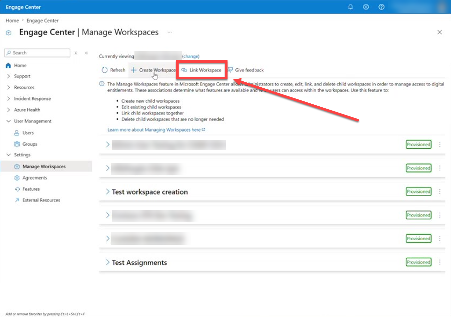 The Link Workspace button marked in the Manage Workspaces tab.