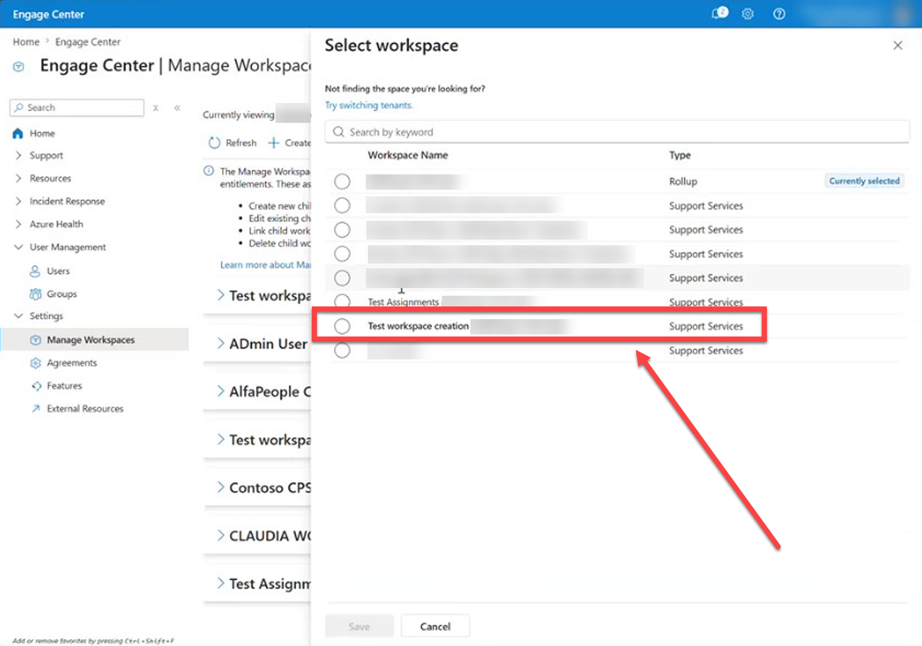 New workspace visible in list of workspaces.