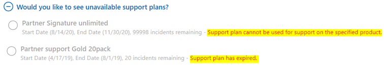 Screenshot of the question Would you like to see unavailable support plans? with the error messages being highlighted.