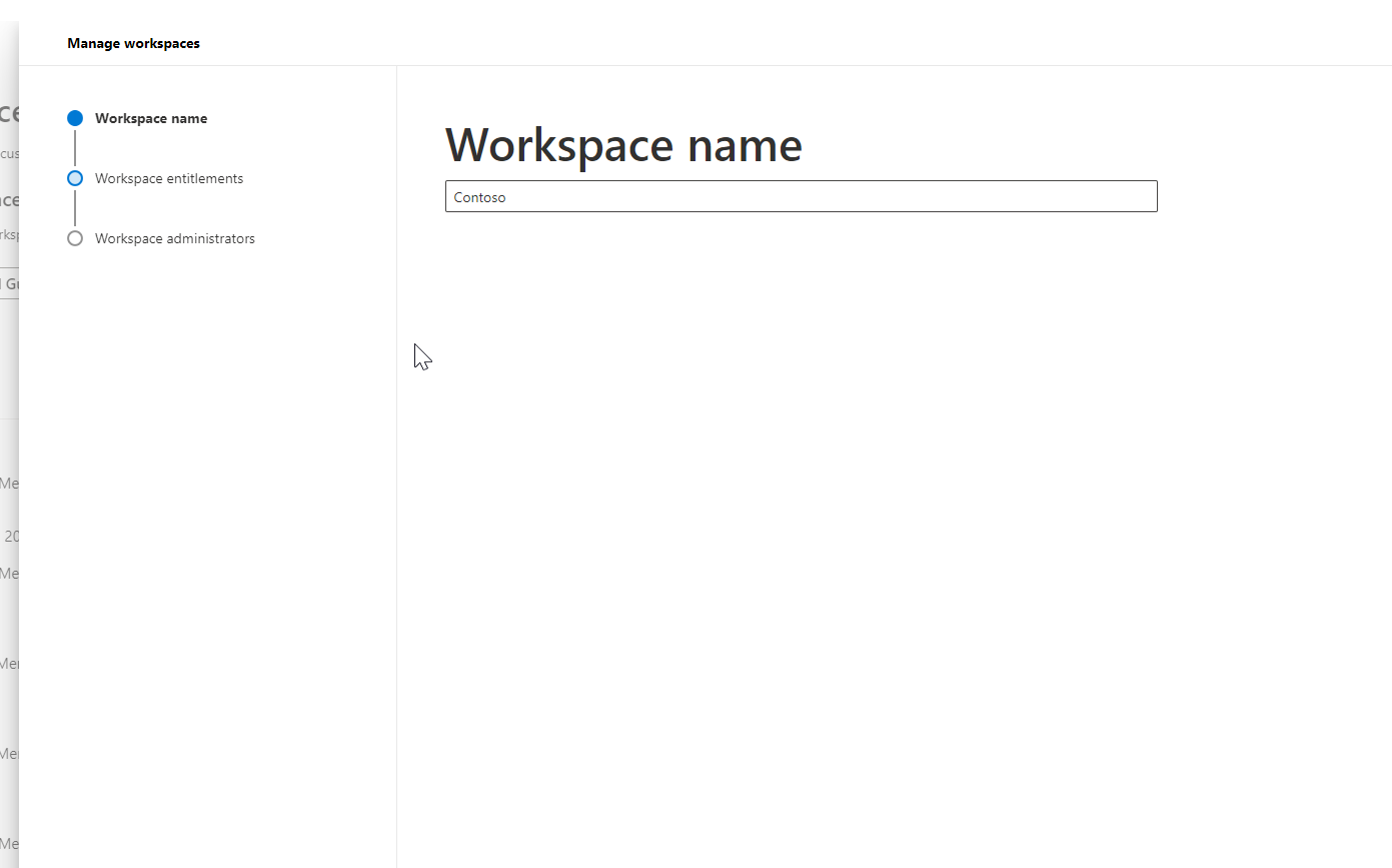 Manage workspaces screen, showing the Workspace name field.