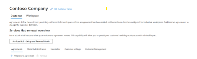 Customer tab of the Admin Center page with agreements and renewal overviews.