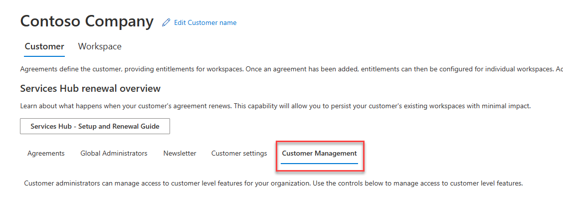 Screenshot of the Admin Center with the Customer Management tab selected.