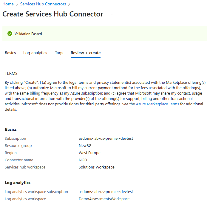 The tab where you can review your Services Hub Connector.