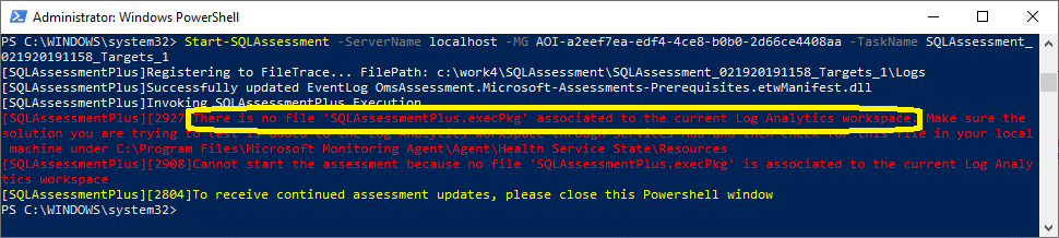 PowerShell window with a no file associated error message.
