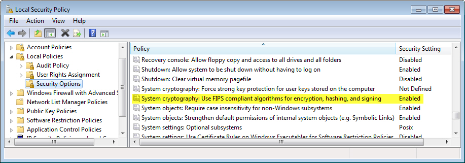 Local Security Policy window displaying Security Options folder.