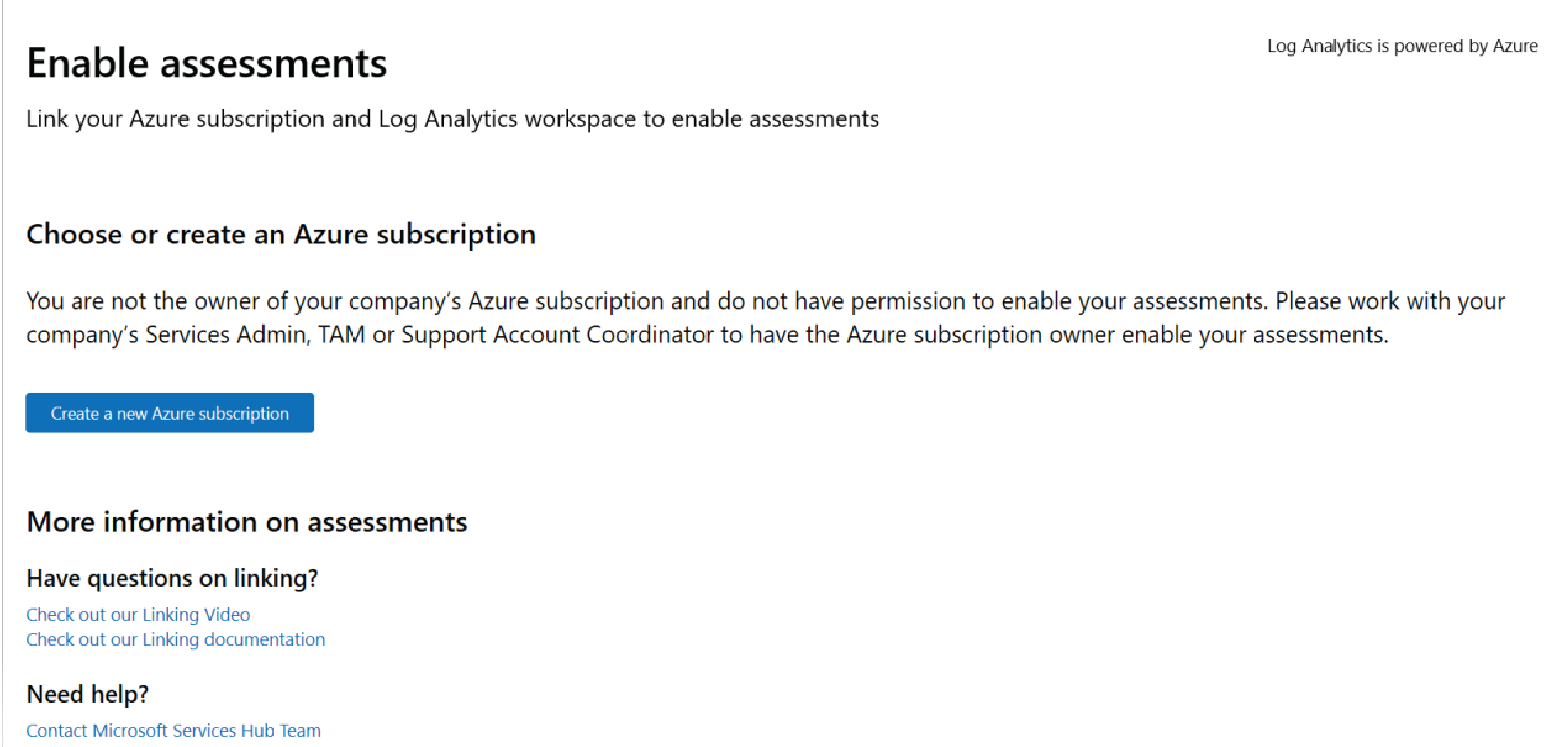 The Enable assessments screen, which shows the Choose or create an Azure subscription text.