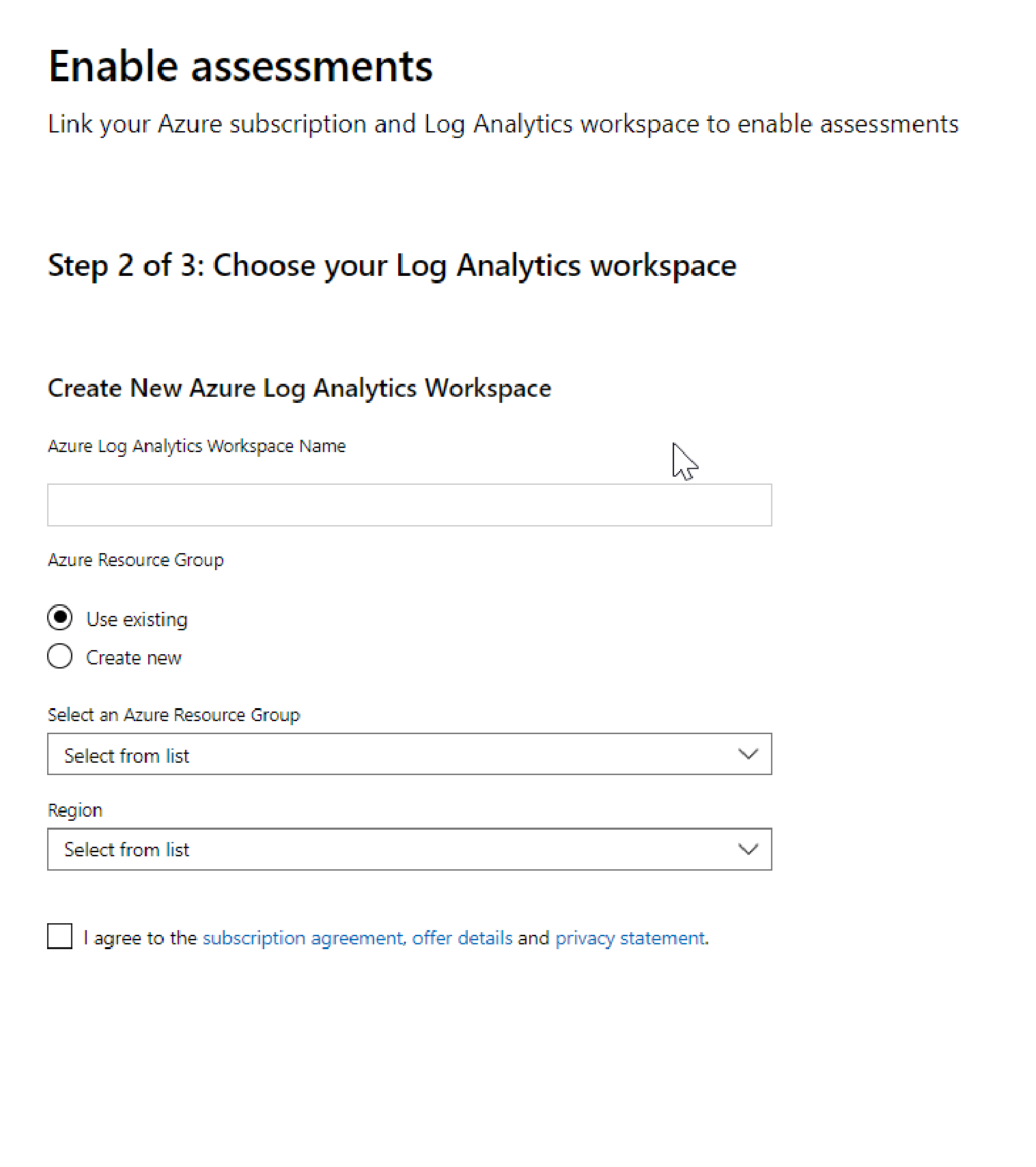 Enable assessments screen, which shows the Choose your Log Analytics workspace dialog.