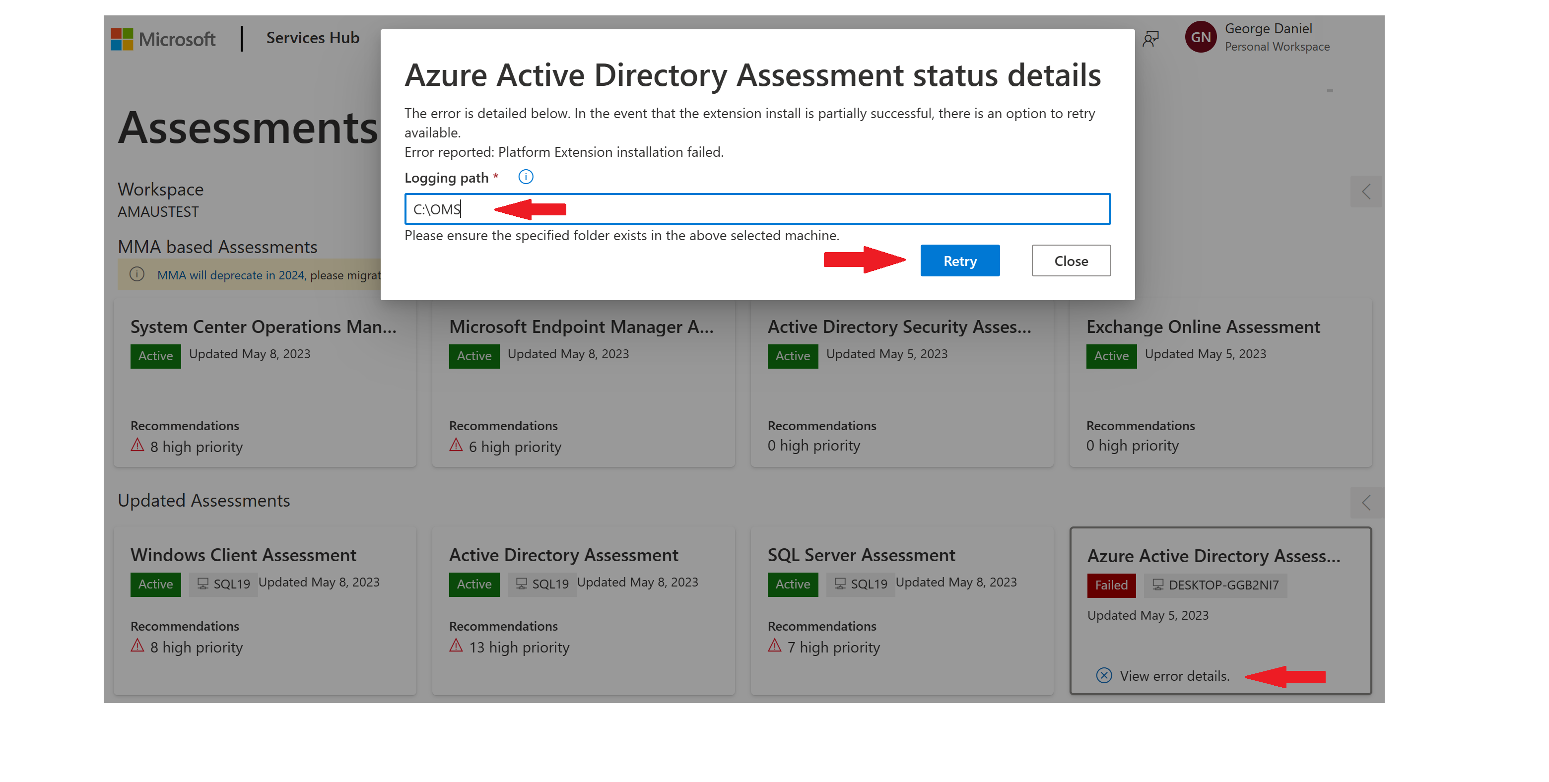 The Services Hub portal - IT Health - MMA Based Assesssments - Failed Migration.